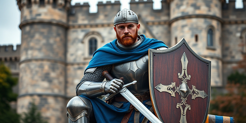 medieval knight in shining armor sitting confidently with a sword and shield, blue cloak on, castle backdrop, 50mm lens, f/4 aperture, ISO 100, natural light, DSLR camera, portrait orientation