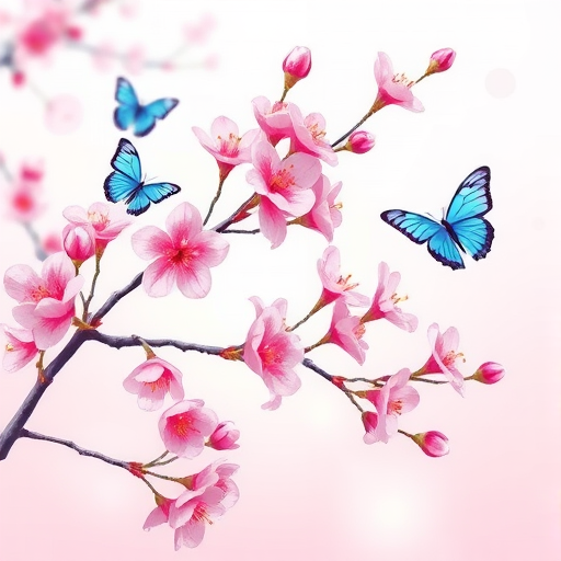 Generate a vibrant digital illustration of a cherry blossom branch with pink flowers, butterflies in blue and pink, and soft pastel background, 50mm lens, f/2.8 aperture, ISO 100, top-down view, high-resolution vector style, using a digital painting technique.