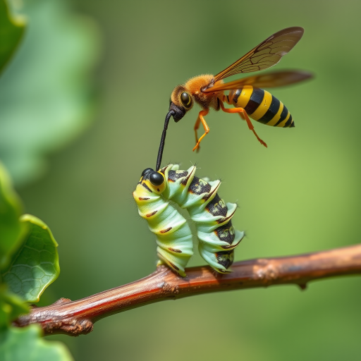 Spectacular photography, 300dpi, digital noise free, extremely clear, ultra-realistic, inside focus, best angle view, with intricate details of a small and tiny Cabbage Butterfly Caterpillar (Pieris Brassicae), standing on a branch of a tree, partially covered with green leaves. A large and majestic parasitic wasp (Torymus sinensis), flying over the caterpillar, right in front of the caterpillar with its body arched and the sting completely out of its abdomen pointing at the caterpillar's body and prepared in an attacking and aggressive position, stares at it and watches stealthily. Both within focus . Proportion of size. Light of day. National Geographic style