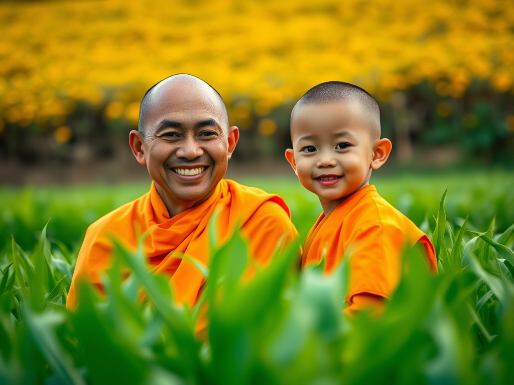 Capture a vibrant scene of a smiling monk and a young boy in traditional orange robes, with a lush green field in the background, using a Canon EOS R5, 50mm lens, aperture f/2.8, shutter speed 1/200s, ISO 100, natural light, at eye level for a warm and inviting atmosphere.