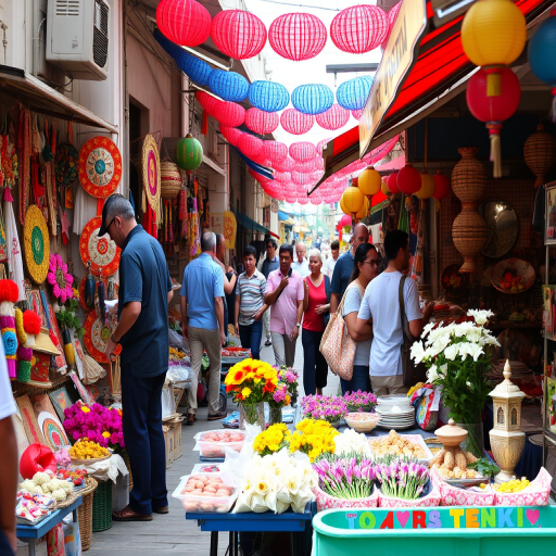 Colorful street market, with stalls selling handmade crafts, fresh flowers, and local delicacies, people interacting and enjoying the lively atmosphere.