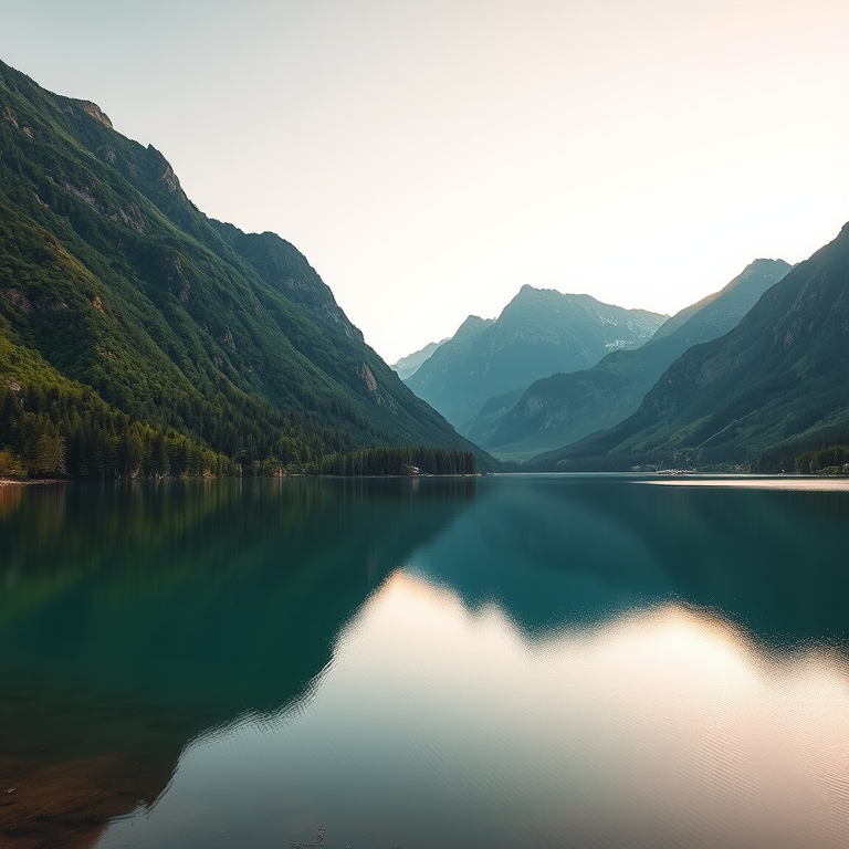 Generate a high-resolution image of a serene landscape featuring a calm lake surrounded by lush green mountains, captured with a Canon EOS R5, 24mm lens, f/8 aperture, ISO 100, using a sunrise setting for soft lighting and enhanced colors, in a wide-angle perspective.