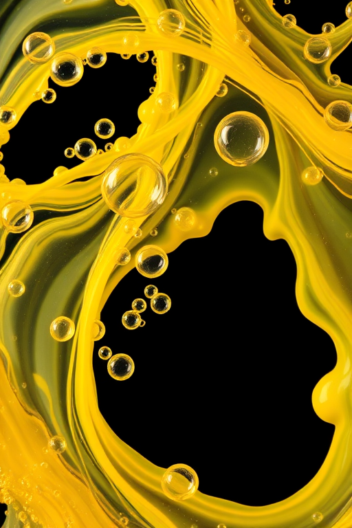 Capture a vibrant abstract composition of yellow and clear fluid swirling together with bubbles, using a high-speed camera at 1/1000s shutter speed, f/2.8 aperture, ISO 100, in macro view with a shallow depth of field to enhance detail and texture against a black background.