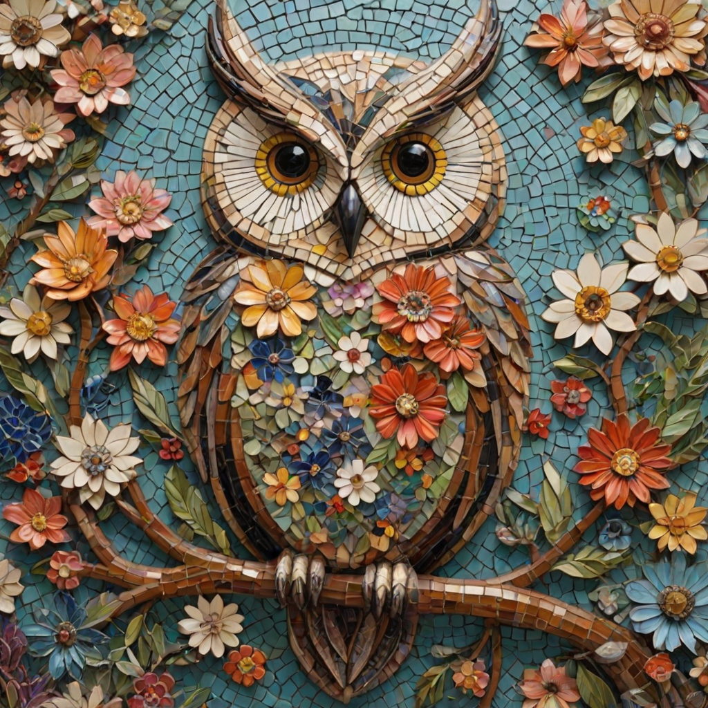 A mosaic of floral owls, each owl intricately composed of individual flower blossoms. The design showcases a delicate balance of nature and form, where the feathers of the owls are replaced by vibrant petals and blooms. The overall appearance is whimsical yet detailed, with each floral element contributing to the intricate patterns of the owl’s body. The artwork embraces a raw, organic style, with natural hues and soft textures, creating a harmonious blend of flora and fauna. The mosaic arrangement adds depth and visual intrigue to the piece, evoking a sense of wonder and artistic beauty.