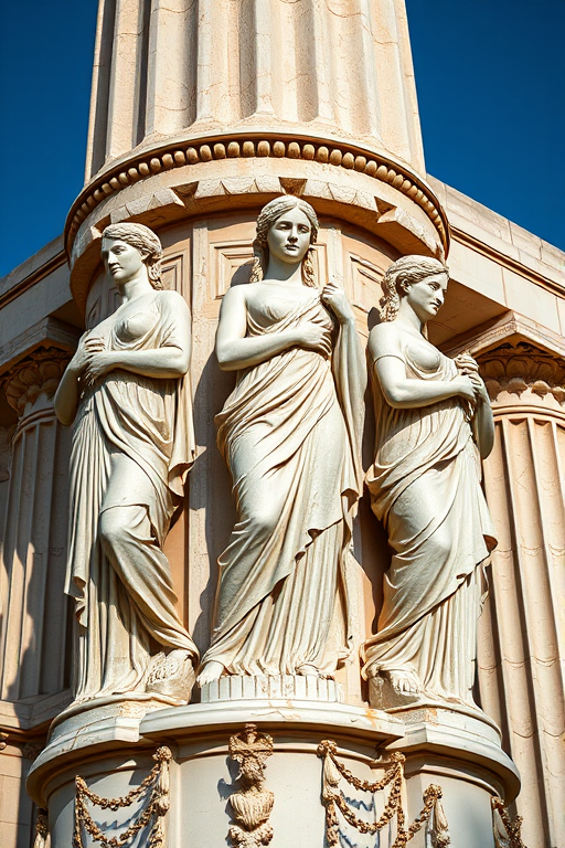 Create a high-resolution image of a classical Greek column featuring three elegantly draped female figures with intricate details, shot with a Canon EOS R5 at f/8, ISO 100, 1/200 sec, using a wide-angle lens, in natural light, focusing on the textures and colors.