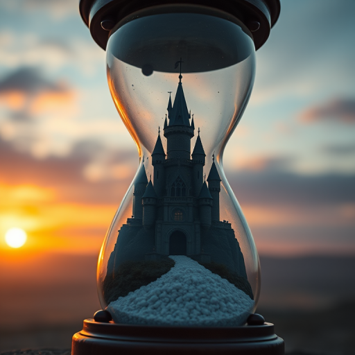 Create an image of a surreal hourglass containing a mystical castle, using a Canon EOS R5 camera, 24mm focal length, f/1.8 aperture, ISO 100, shot at sunrise with soft diffused lighting, high dynamic range, focus on intricate details of the hourglass and background scenery.