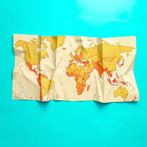 Create a high-quality digital illustration of an unfolded map with a bright turquoise color, using a DSLR camera with a 35mm lens, aperture f/2.8, ISO 100, in a flat lay view, focusing on the textures and details of the map.