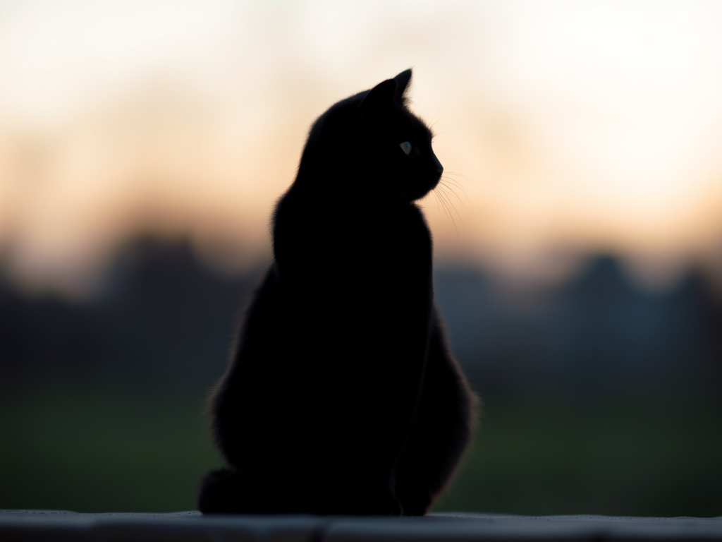 Create a high-resolution black silhouette of a cat sitting upright, captured in a soft-focus background with a shallow depth of field, 50mm lens, aperture f/1.8, ISO 100, at dusk lighting conditions.