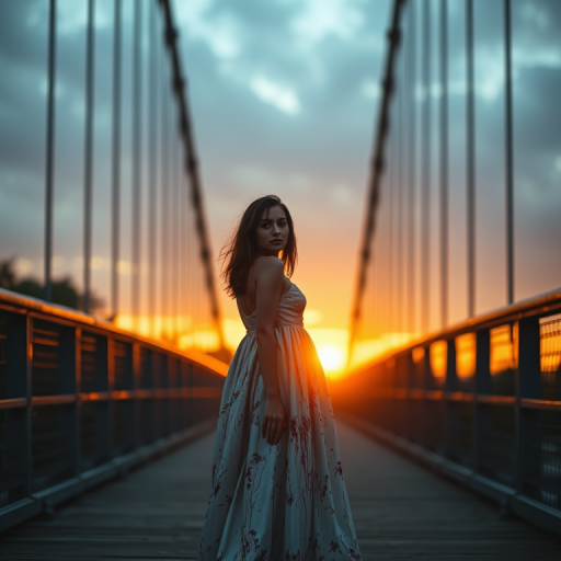 regenerate image of a somber woman in a blood-stained white dress standing on a bridge at sunset, cinematic lighting, focus on details, shallow depth of field, 35mm lens, f/2.8, ISO 100, soft contrast