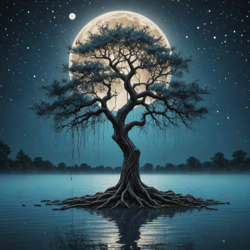 painting of a tree with a full moon in the background and water dripping from its branches, fantasy art, alcohol ink, 3D, 4K, HDRi