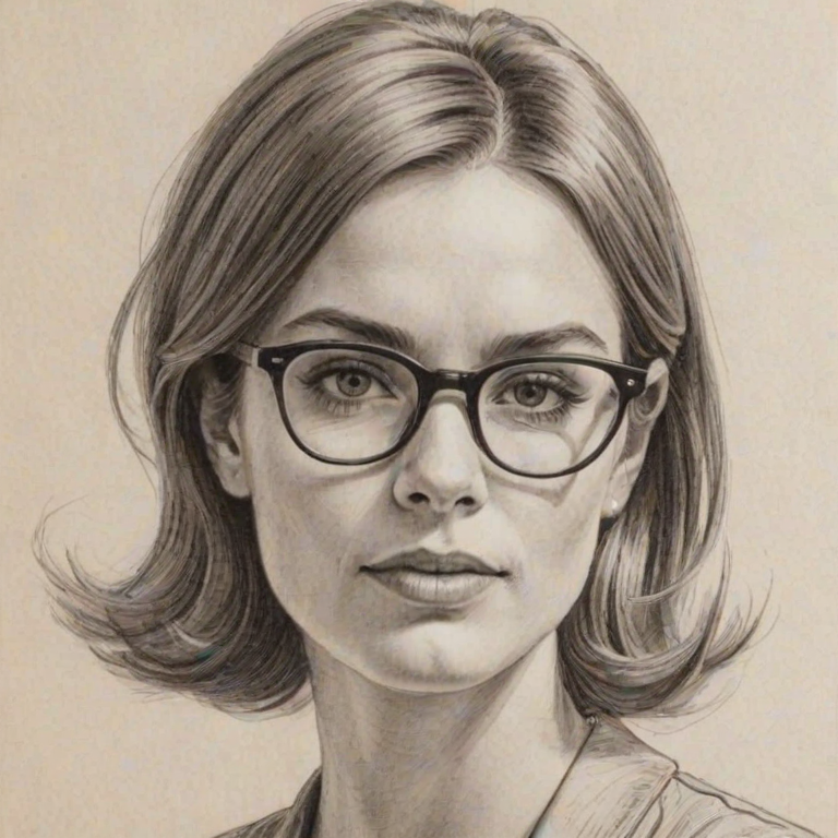 Comely Eden Brolin, pencil sketch, portrait of Fetching woman 1966s in glasses, hair style beatnik, outline, clear lines, fine lines, 8k
