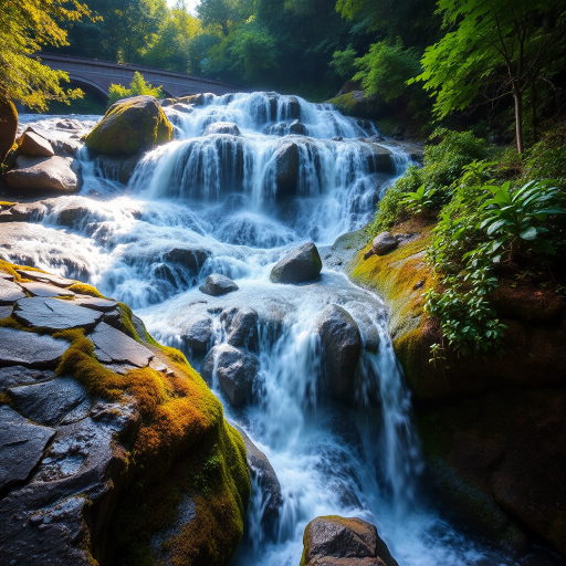 capture a vibrant waterfall scene with cascading water and lush greenery under soft natural light, use a wide-angle lens at f/11 for depth of field, ISO 100, shutter speed 1/60s, shoot in RAW format for maximum detail, use a tripod for stability, and apply HDR technique for enhanced dynamic range