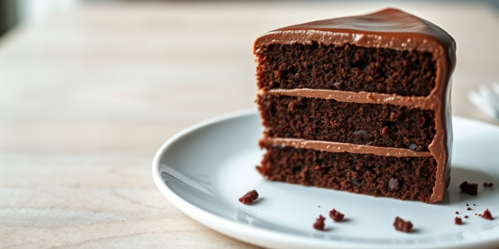 Create a realistic image of a slice of chocolate cake with three layers, focusing on rich textures and glossy frosting, shot with a DSLR camera, 50mm lens, aperture f/2.8, ISO 100, natural soft lighting from the side.