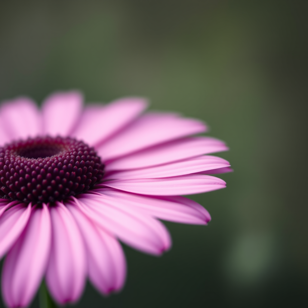 Close-up shot of a pink daisy flower with a blurred background, aperture f/2.8, shutter speed 1/200s, ISO 100, 85mm macro lens, soft focus style, DSLR camera.