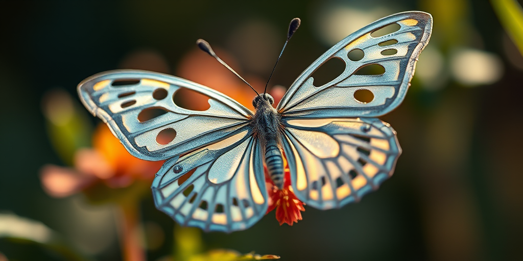 Create an ultra-realistic image of a silver butterfly with intricate cut-out designs, using a Canon EOS R5 camera, focal length 50mm, aperture f/2.8, ISO 100, in macro view with soft natural lighting and a slight shadow for depth.