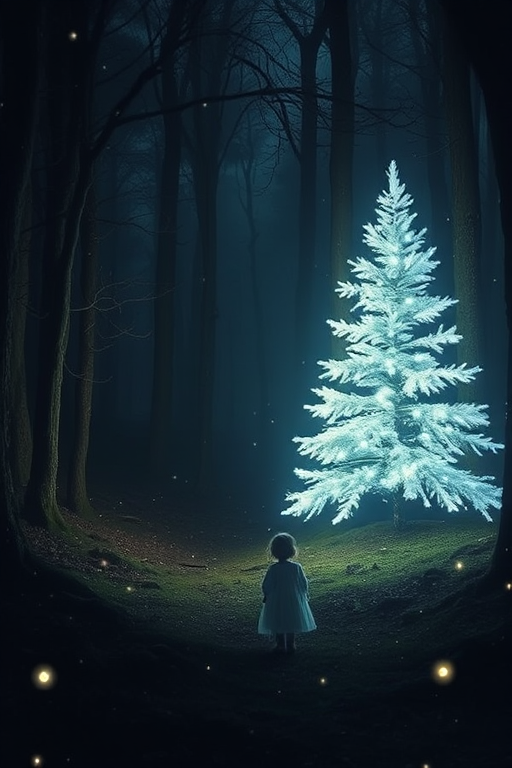 a mystical forest at night with a glowing white Christmas tree and a young child in a flowing dress standing nearby, surrounded by soft light and glowing particles in the air