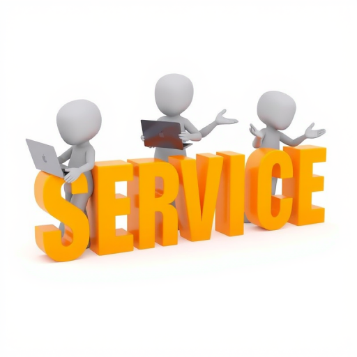 A 3D rendered image of three cartoon figures interacting with the word "SERVICE" composed of large, bold letters in orange, one figure using a laptop, one figure with open hands, and one figure gesturing, with a clean white background, camera settings: ISO 100, f/8, 1/250s, camera view: close-up, camera style: professional lighting, camera type: DSLR.
