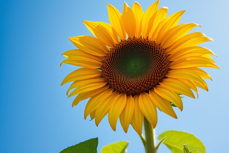 Sunflower against a blue sky, low angle view, aperture f/2.8, shutter speed 1/500s, ISO 100, DSLR camera, natural lighting, vibrant colors.