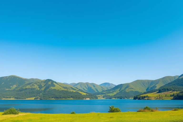 Create a high-resolution image of a serene landscape with lush green hills, a clear blue sky, and a calm lake in the foreground, captured with a Canon EOS R5, 35mm lens, f/11 aperture, ISO 100, 1/200s shutter speed, using a wide-angle view to enhance depth and perspective.
