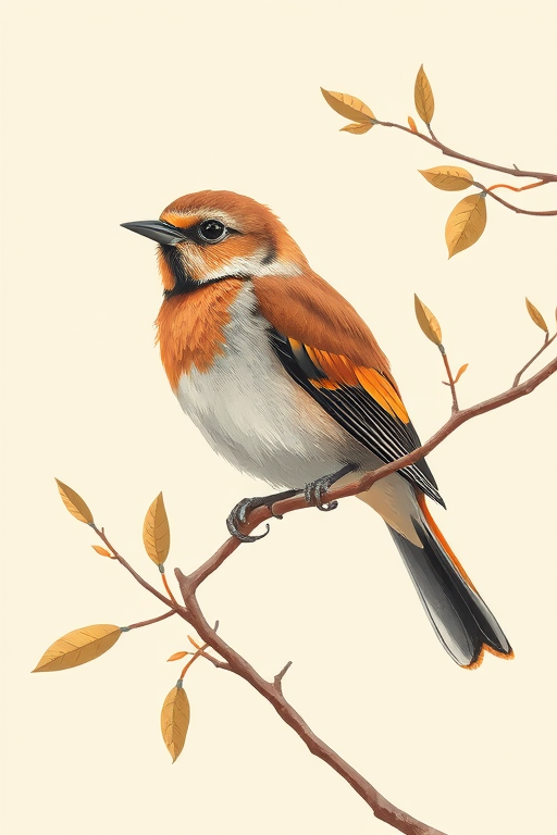 Regenerate a detailed illustration of a stylized bird perched on a branch with delicate leaves in soft earthy tones, utilize a Canon EOS R5 camera at f/8 aperture, with a 50mm lens, in natural light for enhanced clarity and texture.