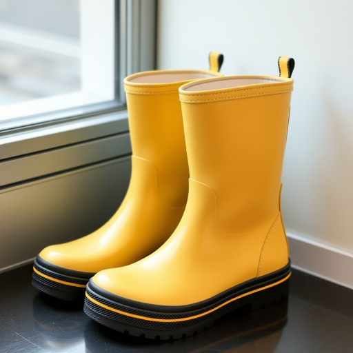 Generate an image of a pair of stylish, yellowish-beige rubber boots with a relaxed fit, featuring a thick black sole and a yellow stripe along the base. The boots should be placed next to a window, showcasing a modern and clean aesthetic.