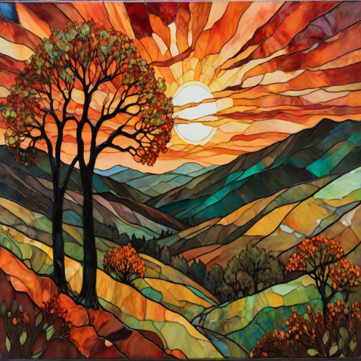 A vibrant abstract painting on Tiffany Glass, blending acrylic and alcohol ink techniques, captures a dramatic sunset over rolling hills. The artwork features a textured, rocky foreground in green and brown, layered abstract hills, and a striking sunset in rich oranges, yellows, and reds. A solitary black tree with intricate branches contrasts against the fiery sky, creating a dynamic and expressive portrayal of a breathtaking natural scene.