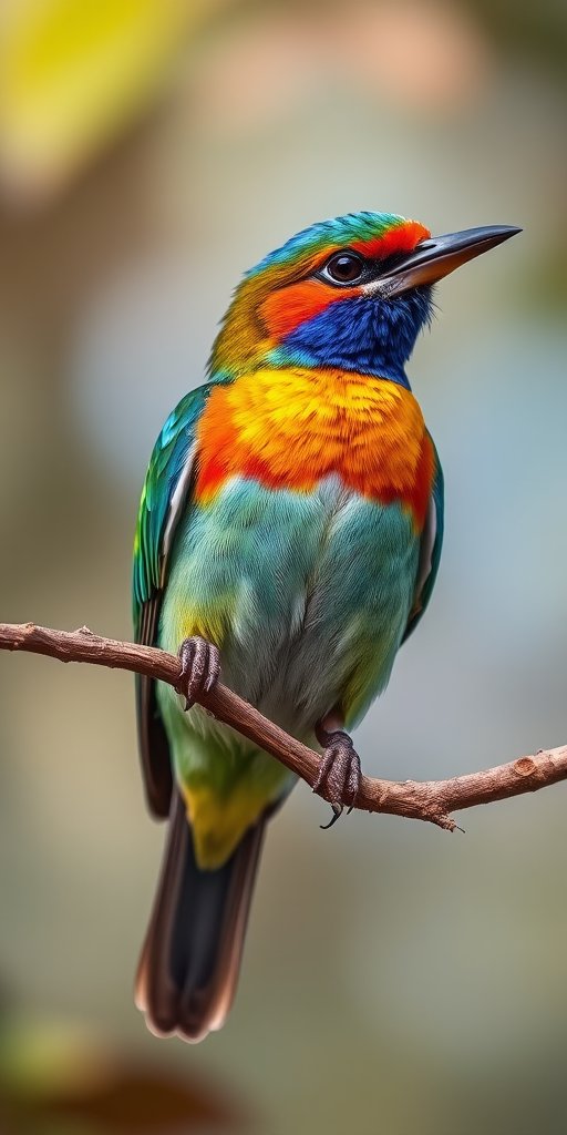 Create a colorful, realistic image of a bird perched on a branch with vibrant details using a DSLR camera at f/2.8 aperture, ISO 200, 1/500 shutter speed, shot from a 50mm lens at eye level, natural lighting to enhance colors.