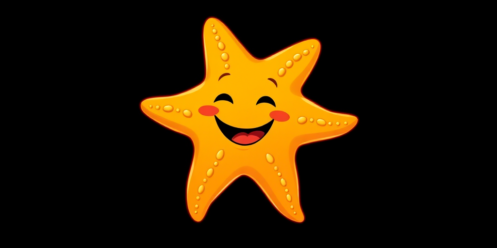 Create a high-resolution cartoon illustration of a smiling starfish with vibrant orange and yellow colors on a black background, using a Canon EOS R5 camera with a 50mm lens at f/1.8, ISO 100, and a well-lit studio setup.
