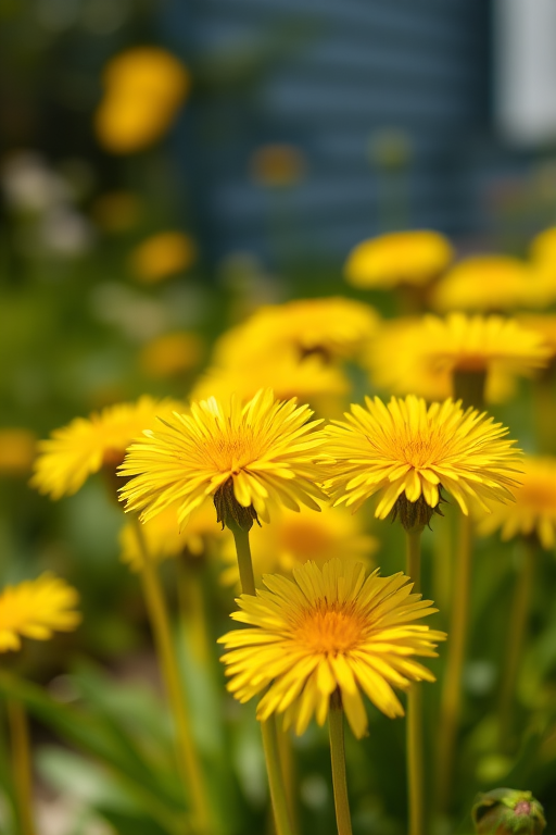 close-up of bright yellow dandelions in a garden with a blurred background, f-stop 2.8, shutter speed 1/500, ISO 100, 85mm lens, natural sunlight, DSLR camera, shallow depth of field