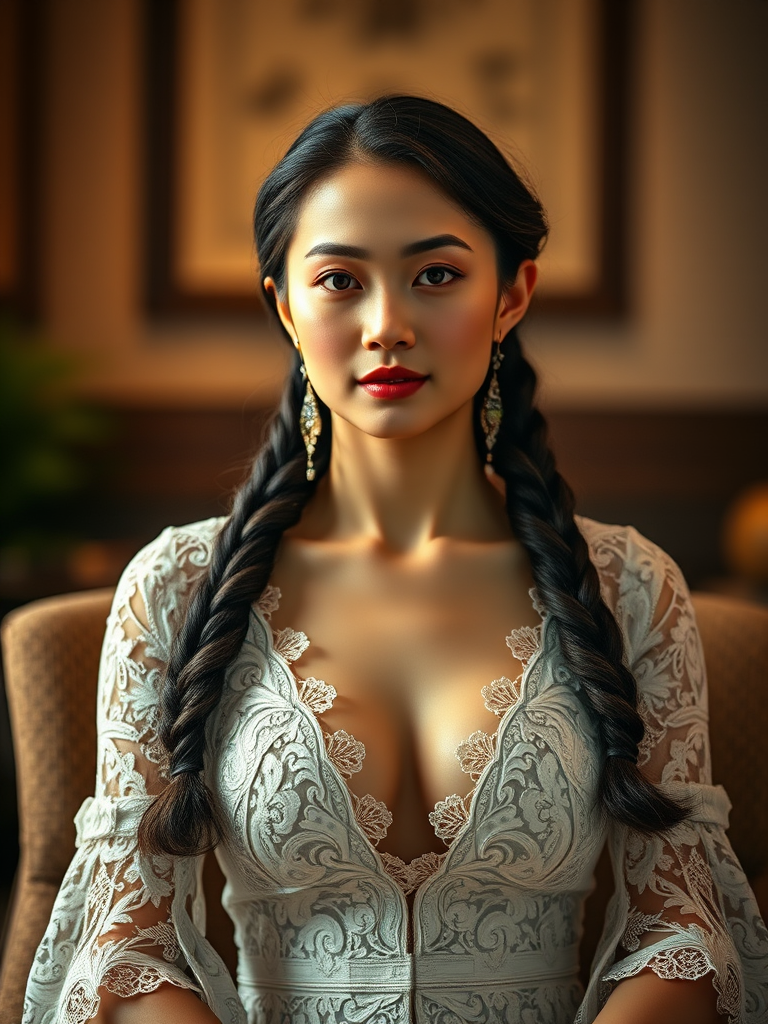 Create a portrait of a refined and elegant Chinese woman seated in a sophisticated setting. She has long, wavy hair styled in two thick braids that are pulled over her shoulders. She wears a white, lace gown with intricate patterns, featuring a deep V-neckline and short sleeves. The dress exudes a vintage charm with its delicate lacework. She is adorned with ornate, dangling earrings that add a touch of glamour to her appearance. The background is softly lit, with warm, ambient lighting that creates a cozy and inviting atmosphere. Her expression is poised and serene, capturing a sense of grace and elegance.