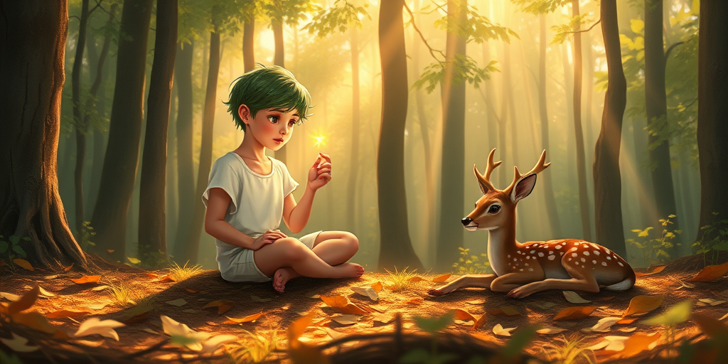 A luminous digital painting of a serene forest scene featuring a barefoot young female, about 7 years old, with green hair and fair skin, dressed in a simple white outfit. He sits cross-legged on the forest floor, gazing at a small, glowing, magical firefly in his hand. Beside him, a delicate spotted deer lies calmly on a bed of dried leaves, observing the scene. The dense forest is bathed in warm, golden light filtering through the trees, creating a peaceful, magical atmosphere with a blend of natural and mystical elements.