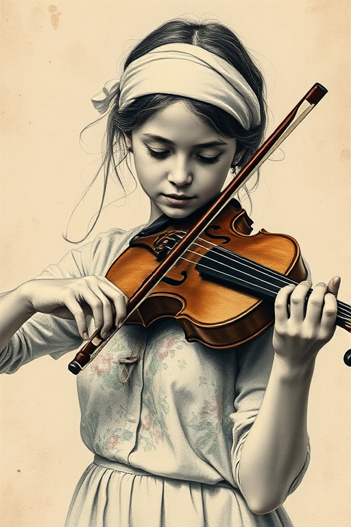 a young Ashkenazi woman with a white headband playing a violin, in the style of a charcoal drawing, sepia grunge background