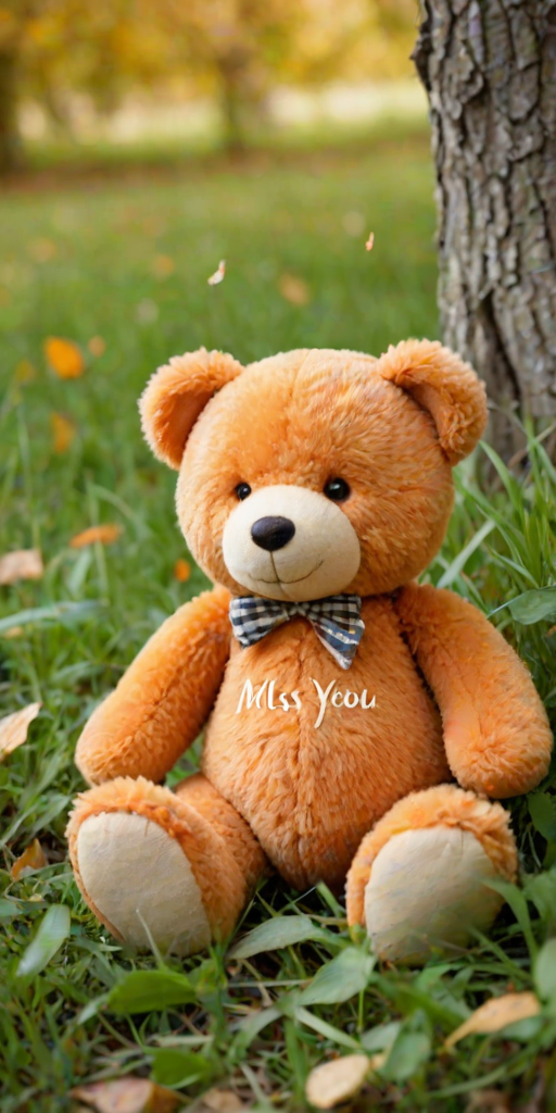 a cute orange teddy bear sitting on a grassy field surrounded by leaves, looking back with the text "Miss You" artistically styled above it