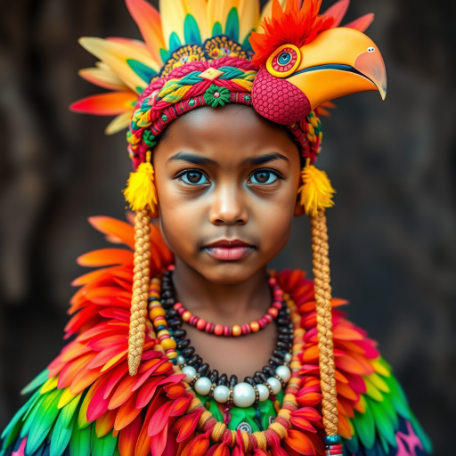 A beautiful Samoan girl, wearing colorful bird clothing with vibrant colors