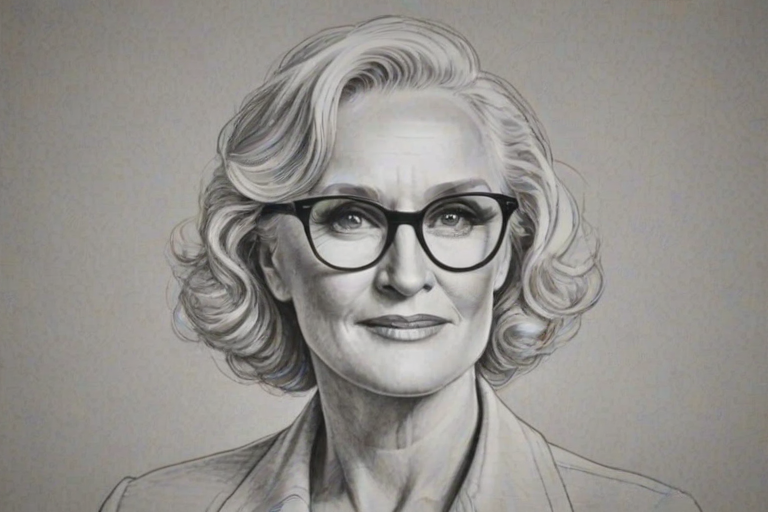 Graceful Glenn Close, pencil sketch, portrait of Attractive woman 1935s in glasses, hair style beatnik, outline, clear lines, fine lines, 8k