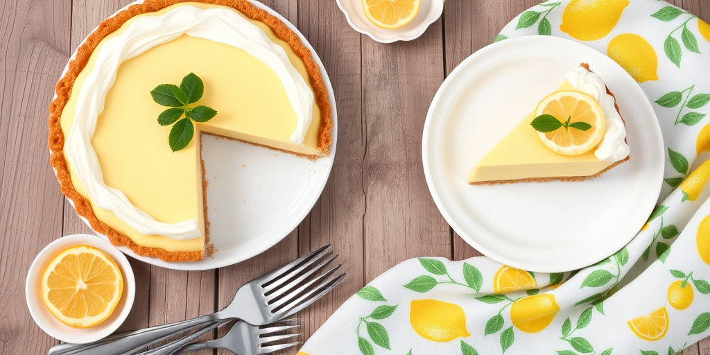 A delicious lemon cream pie with a smooth yellow filling and fluffy white topping is beautifully presented on a white plate. The pie is garnished with a slice of lemon and fresh green leaves. A piece of the pie has been cut, showcasing the layers. Nearby, there are two forks and a small plate with lemon slices, along with a decorative cloth featuring lemon and green leaf patterns. The background has a rustic wooden texture, enhancing the inviting appearance of the dessert.