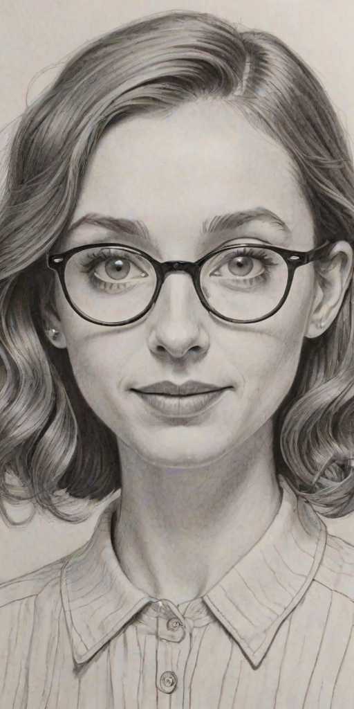 Enchanting Lauren Lapkus, pencil sketch, portrait of Enchanting woman 1937s in glasses, hair style beatnik, outline, clear lines, fine lines, 8k