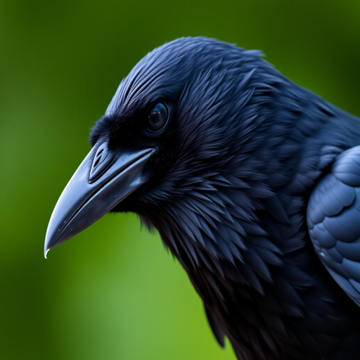 Create a close-up image of a black crow with a blurred green background, highlighting its detailed feathers and sharp beak.