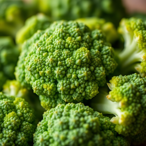 Close-up shot of fresh broccoli florets with a shallow depth of field, ISO 100, f/2.8 aperture, 50mm lens, natural light, DSLR camera