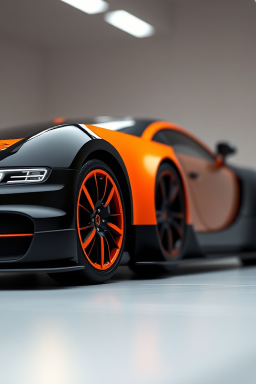 highly detailed 3D render of a Bugatti Veyron with a black and orange color scheme, soft lighting, low angle view, aperture f/2.8, shutter speed 1/100s, ISO 100, DSLR camera, shallow depth of field