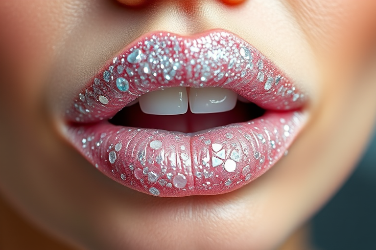 Dazzling "Diamond Dew" lip style features a clear base packed with multi-sized, colorless glitter particles, creating a stunning, light-reflecting effect that mimics precious gems