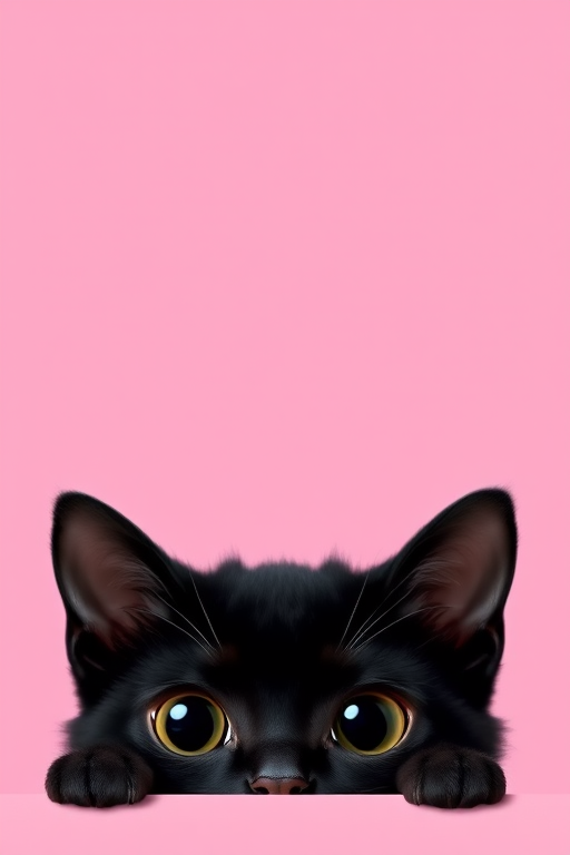 Create an image of a cute black cat peeking from the bottom with large expressive eyes against a solid pastel pink background. The focus should be on the cat's face and ears with minimal distractions in the background.