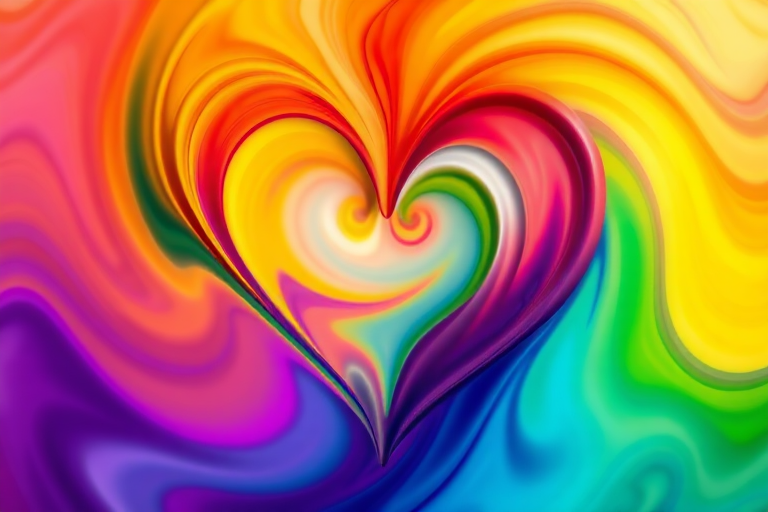 create a vibrant heart shape design with swirling colors of red, orange, yellow, green, blue, and purple, high resolution, 50mm lens, f/2.8 aperture, ISO 100, soft focus background, shot with a digital DSLR camera.