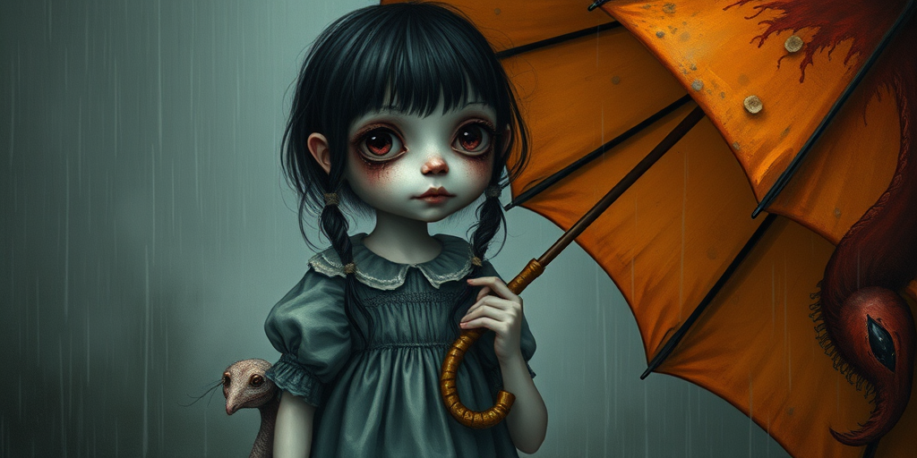 An eerie, weird little girl with dark hair in thin pigtails, wearing a smock dress, standing in the rain, holding a dirty orange umbrella, a small, odd creature beside her. In a surreal style inspired by Nicoletta Ceccoli and Brian Froud. Dark fantasy themes