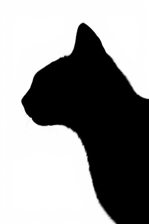 Create an image of a minimalist black cat silhouette against a plain white background, using a DSLR camera, 50mm lens, f/1.8 aperture, ISO 100, 1/125s shutter speed, with a focus on clarity and sharpness.