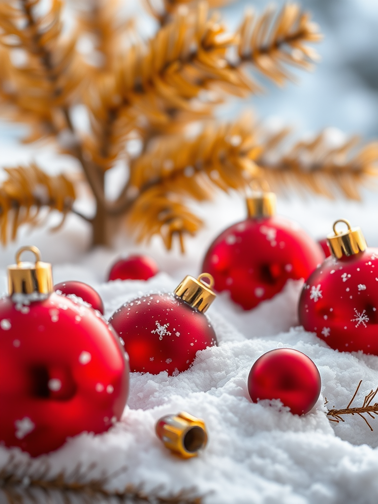 Christmas decorations with red ornaments on snow, softly falling snowflakes, golden pine branches in the background, shallow depth of field, f/2.8, ISO 100, 1/250s, 85mm lens, DSLR.