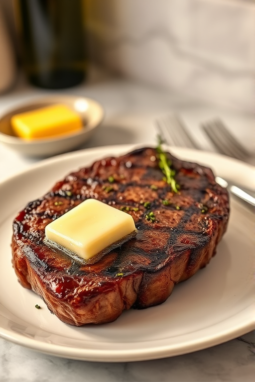 Create an image of a perfectly seared ribeye steak, resting on a white plate with a pat of melting butter on top. The steak is seasoned with fresh herbs like thyme and parsley, with glistening juices highlighting the texture of the meat. The background features a soft focus on a light, marble countertop, with a small dish of butter and an olive oil bottle in the distance. The overall mood should be warm and inviting, capturing the deliciousness and juiciness of the steak.