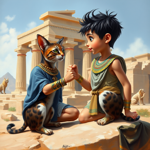 Airbrush, whimsical, glossy oil painting, hyper realism of an Ancient Egyptian boy with black messy short hair, wearing an Ancient Egyptian outfit, bare feet, sitting on a stone in front of a temple, fist bumping with his Ancient Egyptian cat, the boy and the cat looking to each other proudly.