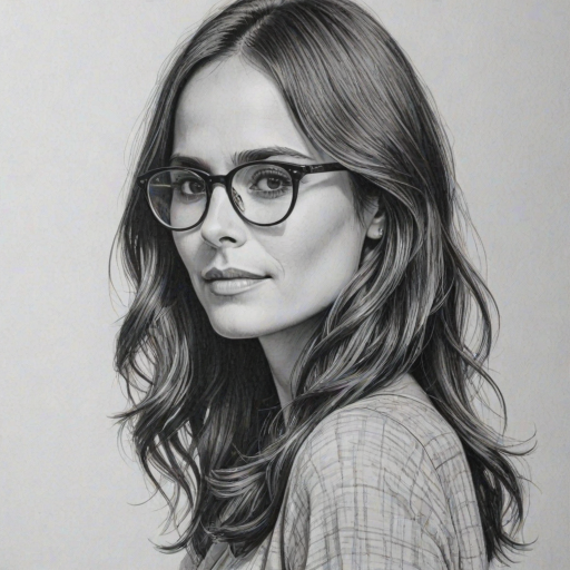 Graceful Jordana Brewster, pencil sketch, portrait of Graceful woman 1975s in glasses, hair style beatnik, outline, clear lines, fine lines, 8k
