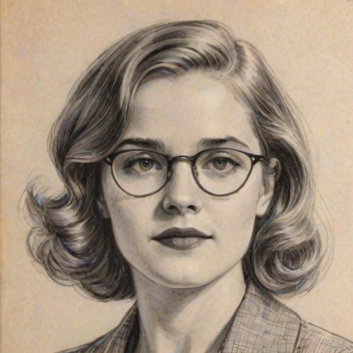 Enticing Willa Fitzgerald, pencil sketch, portrait of Wonderful woman 1923s in glasses, hair style beatnik, outline, clear lines, fine lines, 8k